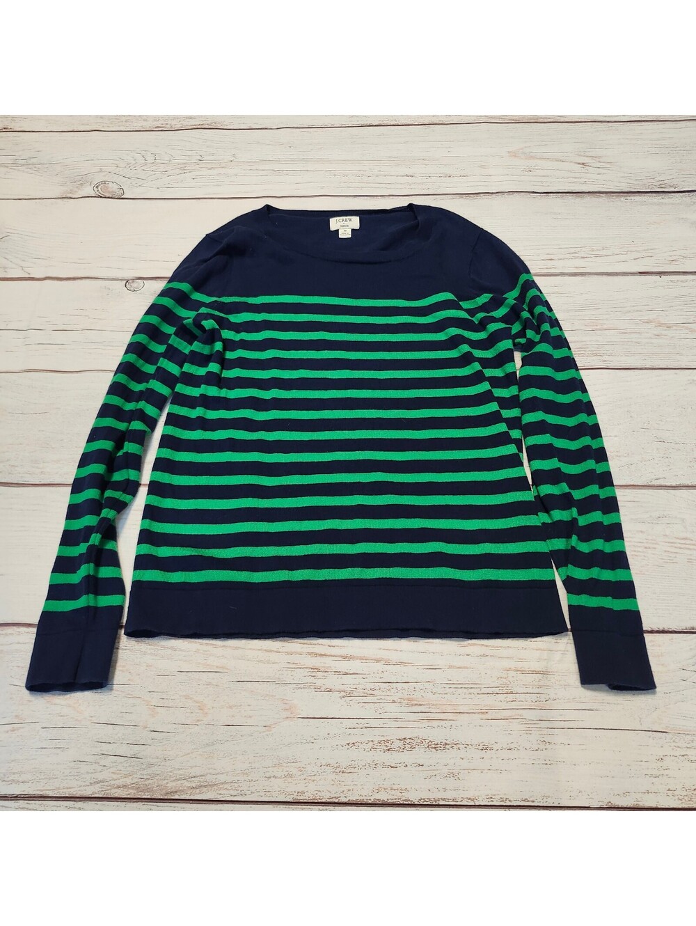 J.Crew Navy and Green Striped Long Sleeve Sweater Size M